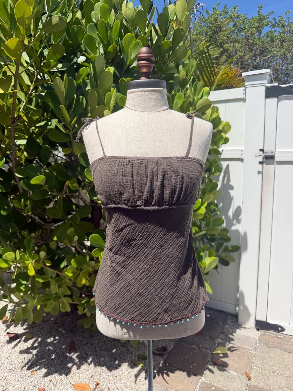 Brown Y2k Bohemian Tie-Shoulder Cotton Tank Top with Turquoise bead detailing